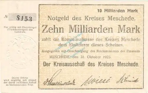 Meschede , Banknote 10 Milliarden Mark Schein unc-kfr. Keller 3529.a , Westfalen 1923 Inflation