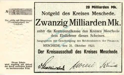 Meschede , Banknote 20 Milliarden Mark Schein unc-kfr. Keller 3529.b , Westfalen 1923 Inflation