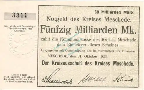 Meschede , Banknote 50 Milliarden Mark Schein unc-kfr. Keller 3529.a , Westfalen 1923 Inflation