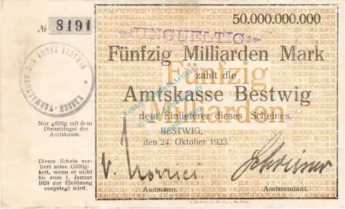 Bestwig , Banknote 50 Milliarden Mark Schein gbr.E Keller 386.b , Westfalen 1923 Inflation
