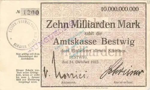 Bestwig , Banknote 10 Milliarden Mark Schein gbr.E Keller 386.c , Westfalen 1923 Inflation