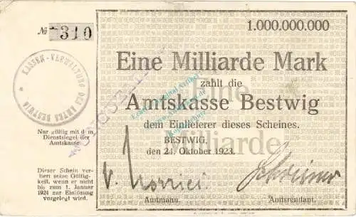 Bestwig , Banknote 1 Milliarde Mark Schein gbr.E Keller 386.a , Westfalen 1923 Inflation