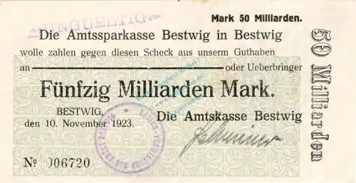 Bestwig , Banknote 50 Milliarden Mark Schein unc-kfr.E Keller 386.d , Westfalen 1923 Inflation