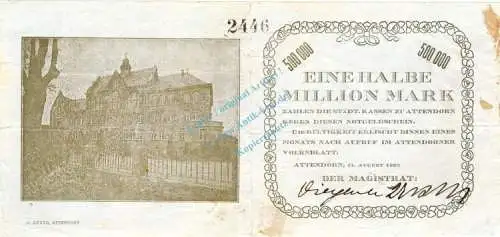 Attendorn , Banknote 1 halbe Million Mark Schein gbr-. Keller 171. Westfalen 1923 Inflation