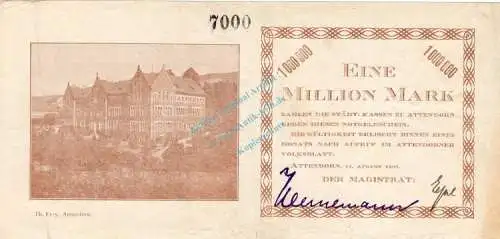 Attendorn , Banknote 1 Million Mark Schein gbr. Keller 171.a7 , Westfalen 1923 Inflation