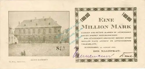 Attendorn , Banknote 1 Million Mark Schein gbr. Keller 171.a5 , Westfalen 1923 Inflation
