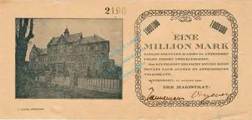 Attendorn , Banknote 1 Million Mark Schein gbr. Keller 171.a1 , Westfalen 1923 Inflation