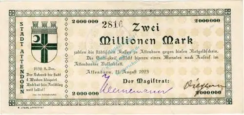 Attendorn , Banknote 2 Millionen Mark Schein L-gbr. Keller 171.a8 , Westfalen 1923 Inflation