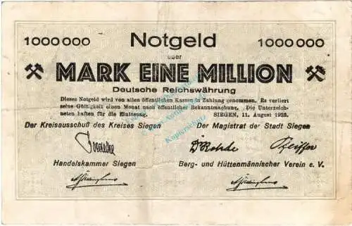 Siegen , Banknote 1 Million Mark Schein gbr. Keller 4778.a , Westfalen 1923 Inflation