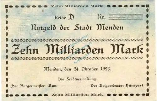 Menden , Banknote 10 Milliarden Mark --MUSTER-- unc-kfr. Keller 3516... Westfalen 1923 Inflation