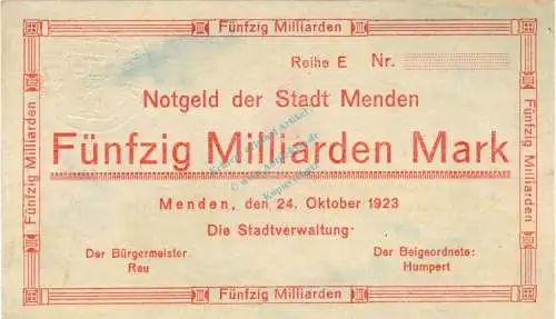 Menden , Banknote 50 Milliarden Mark --MUSTER-- unc-kfr. Keller 3516... Westfalen 1923 Inflation
