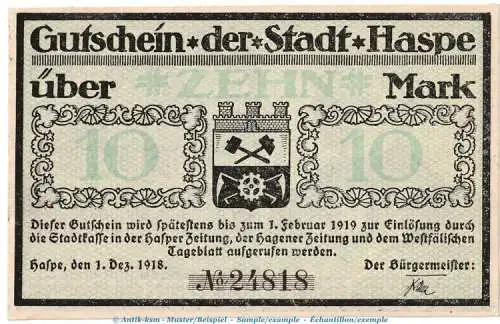 Notgeld Stadt Haspe , 10 Mark Schein in kfr. Geiger 224.02 von 1918 , Westfalen Grossnotgeld