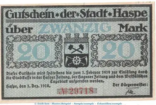 Notgeld Stadt Haspe , 20 Mark Schein in kfr. Geiger 224.03 von 1918 , Westfalen Grossnotgeld