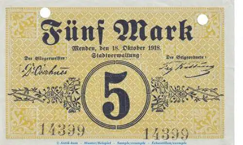Notgeld Stadt Menden , 5 Mark Schein in kfr.E , Geiger 359.01.a von 1918 , Westfalen Grossnotgeld