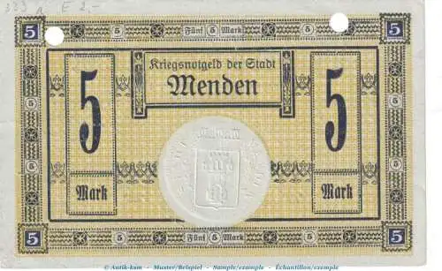 Notgeld Stadt Menden , 5 Mark Schein in kfr.E , Geiger 359.01.a von 1918 , Westfalen Grossnotgeld