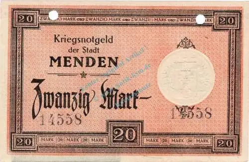 Menden , Banknote 20 Mark Schein unc-kfr.E Geiger 359.03.a , Westfalen 1918 Grossnotgeld