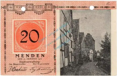 Menden , Banknote 20 Mark Schein unc-kfr.E Geiger 359.03.a , Westfalen 1918 Grossnotgeld
