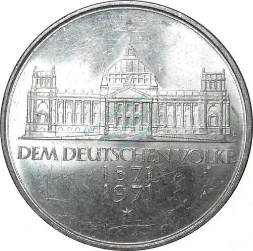 5 Mark Münze 1971 G -dem deutschen Volke 1871-1971- ss-vz , J.409 -0664