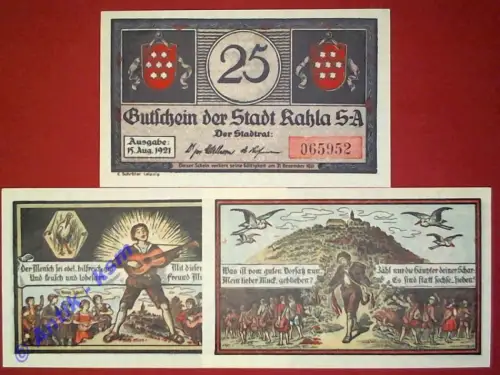 Notgeld Kahla , Muckserie , vollständiger Satz mit 3 Scheinen , Seriennotgeld , Thüringen , Mehl Grabowski 322.5 , von 1921