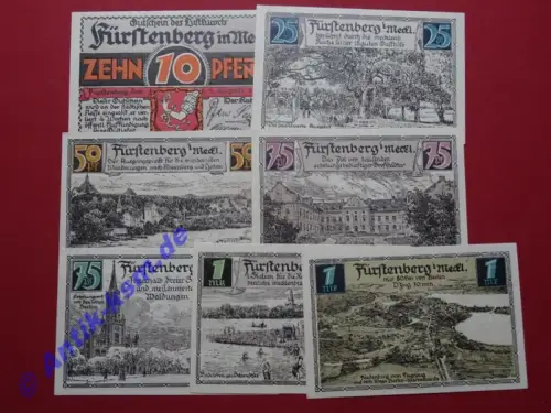 Notgeld Fürstenberg , Satz mit 7 Scheinen , Mehl Grabowski 402.8 und 9 , von 1921 , Brandenburg Seriennotgeld