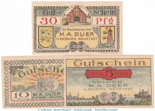Notgeld M.A. Duer Flensburg 366.1 , Set mit 3 Scheinen in kfr. o.D. Schleswig Holstein Seriennotgeld