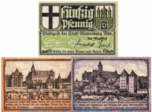 Notgeld Stadt Marienburg 870.3 , Set mit 3 Scheinen in kfr. o.D. deutsch Westpreussen Seriennotgeld