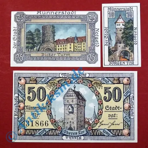 Notgeld Münnerstadt , Satz mit 3 Scheinen , Mehl Grabowski 912.3 und 4 , von 192021 , Bayern Seriennotgeld
