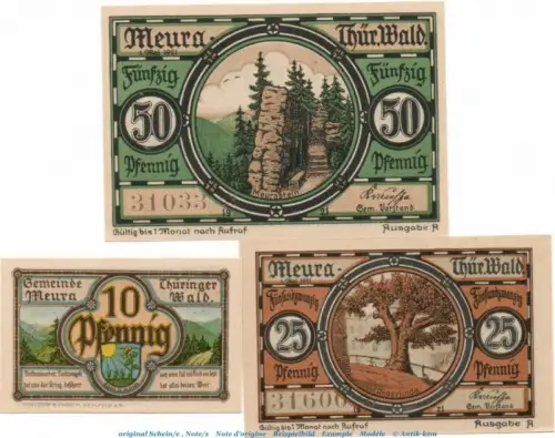 Notgeld Gemeinde Meura 886.1.a-b , 2 Sets mit 3 Scheinen in kfr. von 1921 , Thüringen Seriennotgeld