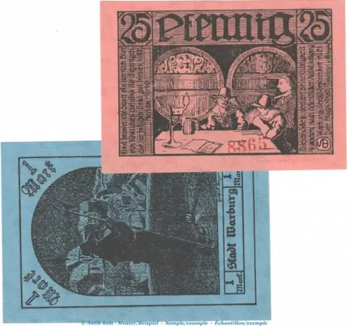Notgeld Stadt Warburg 1376.1.a , Set mit 2 Scheinen in kfr. von 1921 , Westfalen Seriennotgeld
