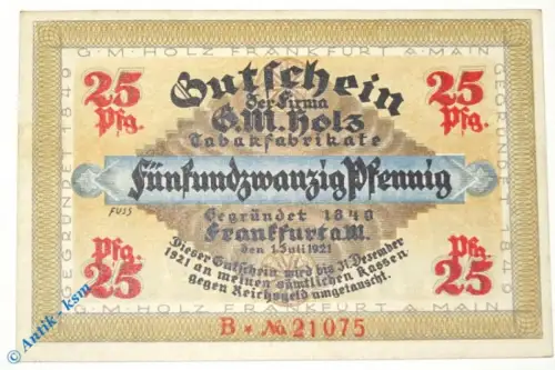 Notgeld Frankfurt , G. M. Holz , 25 Pfennig Schein B , Wolfseck , Mehl Grabowski 374.1 , von 1921 , Hessen Serien Notgeld