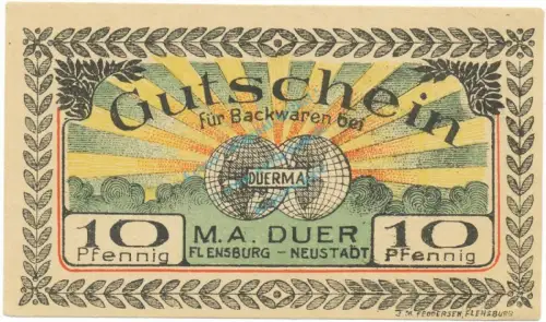 Flensburg , Notgeld 10 Pfennig -KN schwarz- unc-kfr. M-G 366.1.b , Schleswig o.D. Seriennotgeld