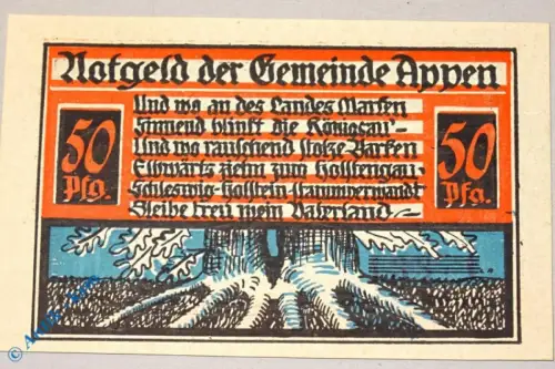 Notgeld Appen , 50 Pfennig Schein Nr 2 , Mehl Grabowski 39.2 , Schleswig Holstein Seriennotgeld