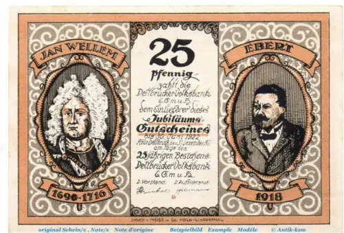 Notgeld Volksbank Delbrück Köln 719.1.b , 25 Pfennig Schein in kfr. von 1921 , Westfalen Seriennotgeld