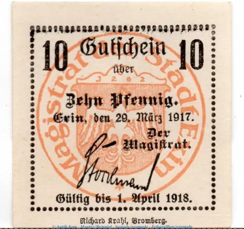 Notgeld Stadt Exin 1830.05.50 , 10 Pfennig Schein in kfr. von 1917 , Posen Verkehrsausgabe