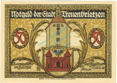 Treuenbrietzen , Notgeld 50 Pfennig -ohne Kennummer- unc-kfr. M-G 1339.1.M , Brandenburg 1921 Seriennotgeld