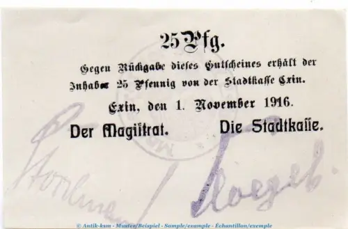 Notgeld Stadt Exin 1830.05.20 , 25 Pfennig Schein in kfr. von 1916 , Posen Verkehrsausgabe