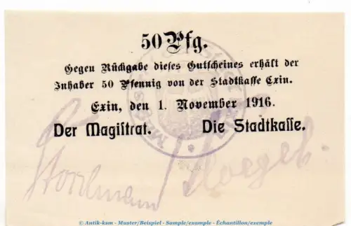 Notgeld Stadt Exin 1830.05.21 , 50 Pfennig Schein in kfr. von 1916 , Posen Verkehrsausgabe