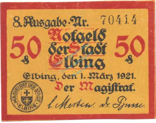 Elbing , Notgeld 50 Pfennig Schein unc-kfr. Ti.1650.05.30 , Westpreussen 1921 Verkehrsausgabe