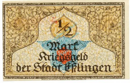 Esslingen , Notgeld 50 Pfennig Schein unc-kfr. Ti.1805.05.01 , Württemberg 1917 Verkehrsausgabe