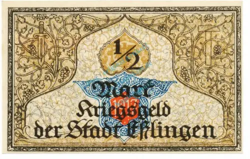 Esslingen , Notgeld 50 Pfennig Schein unc-kfr. Ti.1805.05.05 , Württemberg 1917 Verkehrsausgabe