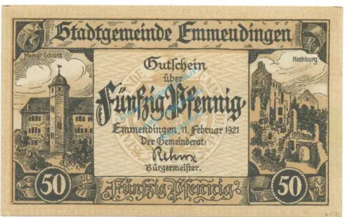 Emmendingen , Notgeld 50 Pfennig Schein unc-kfr. Ti.1705.05.40 , Baden 1921 Verkehrsausgabe