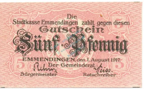 Emmendingen , Notgeld 5 Pfennig Schein unc-kfr. Ti.1705.05.30 , Baden 1917 Verkehrsausgabe