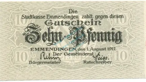 Emmendingen , Notgeld 10 Pfennig Schein unc-kfr. Ti.1705.05.26 , Baden 1921 Verkehrsausgabe