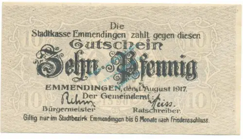 Emmendingen , Notgeld 10 Pfennig Schein unc-kfr. Ti.1705.05.05 , Baden 1917 Verkehrsausgabe