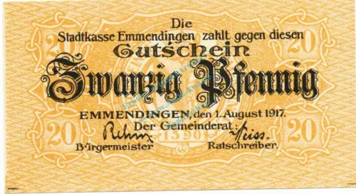 Emmendingen , Notgeld 20 Pfennig Schein unc-kfr. Ti.1705.05.27 , Baden 1917 Verkehrsausgabe