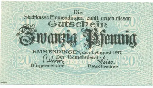Emmendingen , Notgeld 20 Pfennig Schein unc-kfr. Ti.1705.05.31 , Baden 1917 Verkehrsausgabe