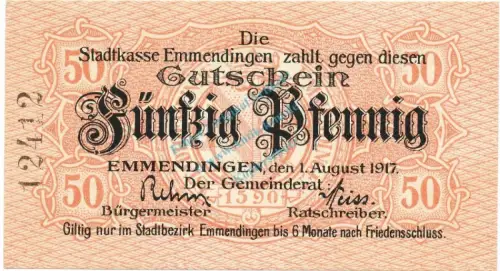 Emmendingen , Notgeld 50 Pfennig Schein unc-kfr. Ti.1705.05.03 , Baden 1917 Verkehrsausgabe