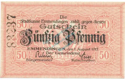 Emmendingen , Notgeld 50 Pfennig Schein unc-kfr. Ti.1705.05.17 , Baden 1917 Verkehrsausgabe