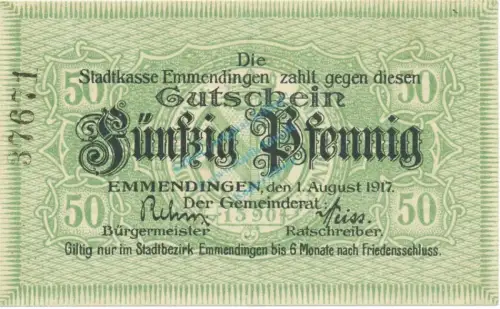 Emmendingen , Notgeld 50 Pfennig Schein unc-kfr. Ti.1705.05.10 , Baden 1917 Verkehrsausgabe