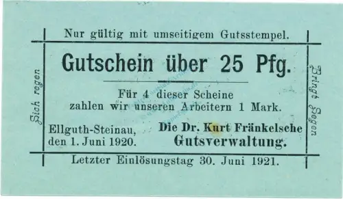 Ellguth-Steinau , Notgeld 25 Pfennig Schein unc-kfr. Ti.1665.05.25 , Schlesien 1920 Verkehrsausgabe